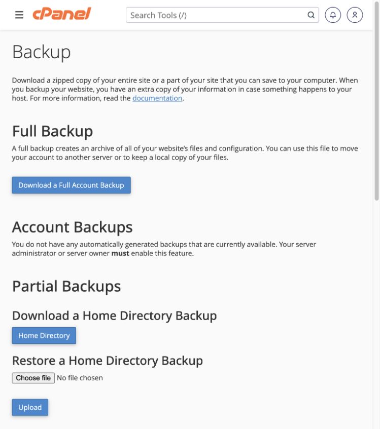 The alternative Backup interface also separates full and partial backups.