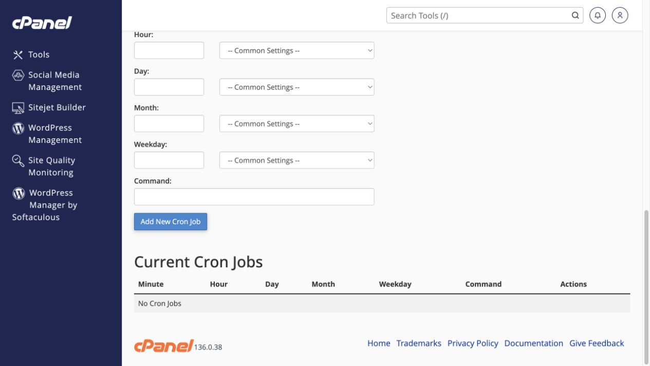 Command and Add New Cron Job are below the schedule; existing jobs appear underneath.