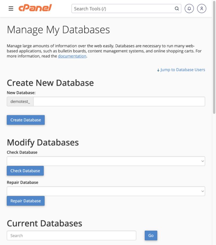 Manage My Databases provides the manual controls and current database list.