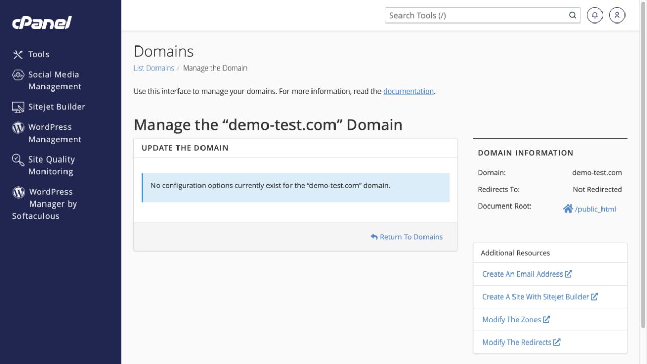 The main domain has related links but no editable configuration in this account.