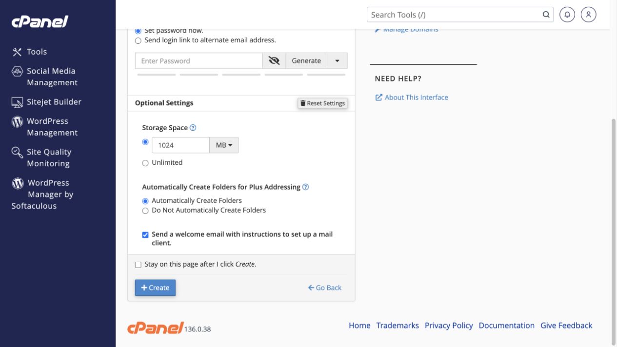 Edit Settings expands the storage, plus-addressing and welcome-email choices.