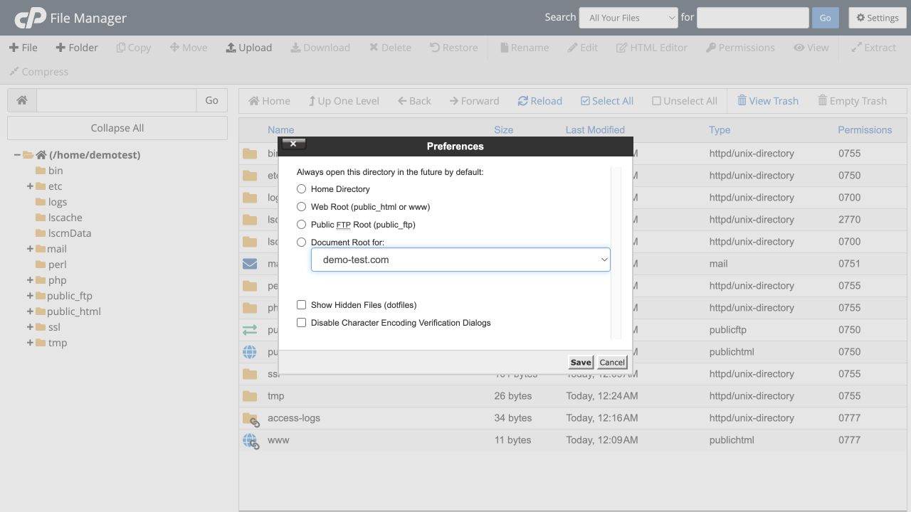 Show Hidden Files reveals dotfiles such as .htaccess.