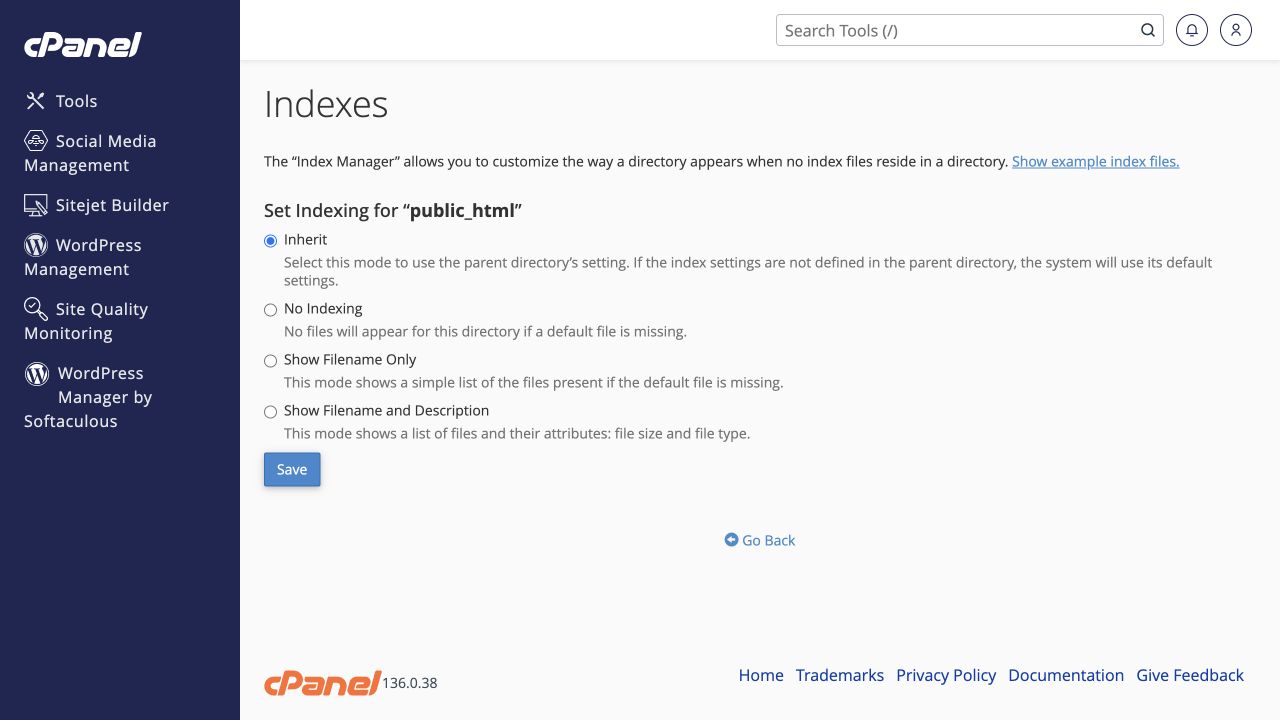 No Indexing disables the generated listing; Save applies the chosen setting.