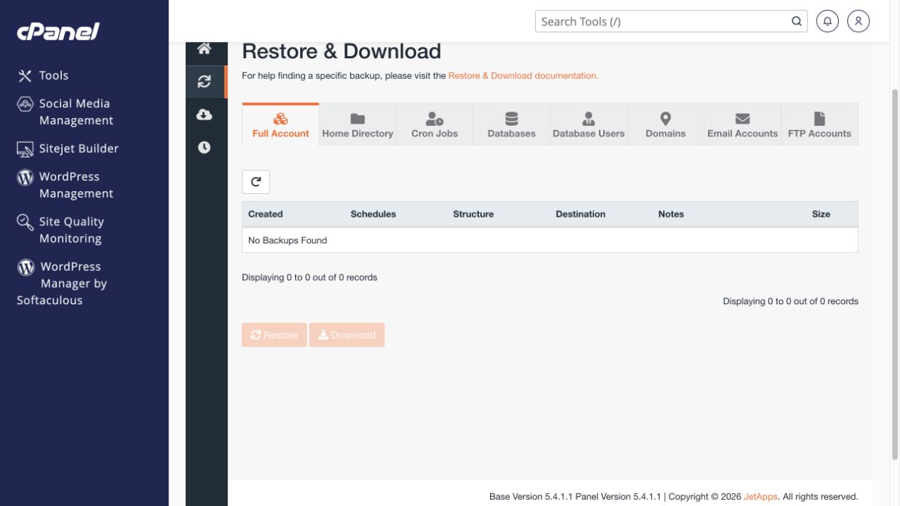 Restore and Download stay disabled until a recovery point exists.