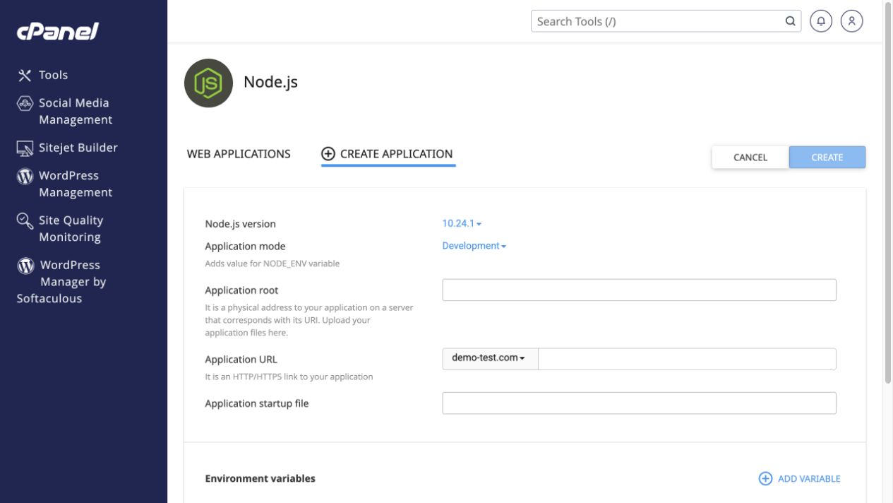 Review runtime, root, public URL and startup file before Create.