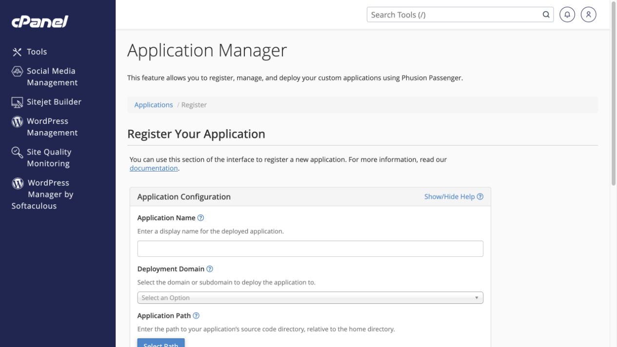 The form asks for a label, deployment domain and source-code path.