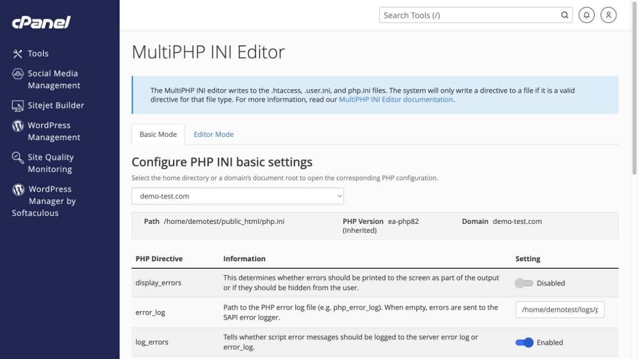 The domain-specific rows include error logging, execution time and memory settings.