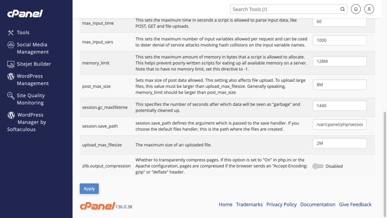 Scroll down for post_max_size, upload_max_filesize and the Apply button.