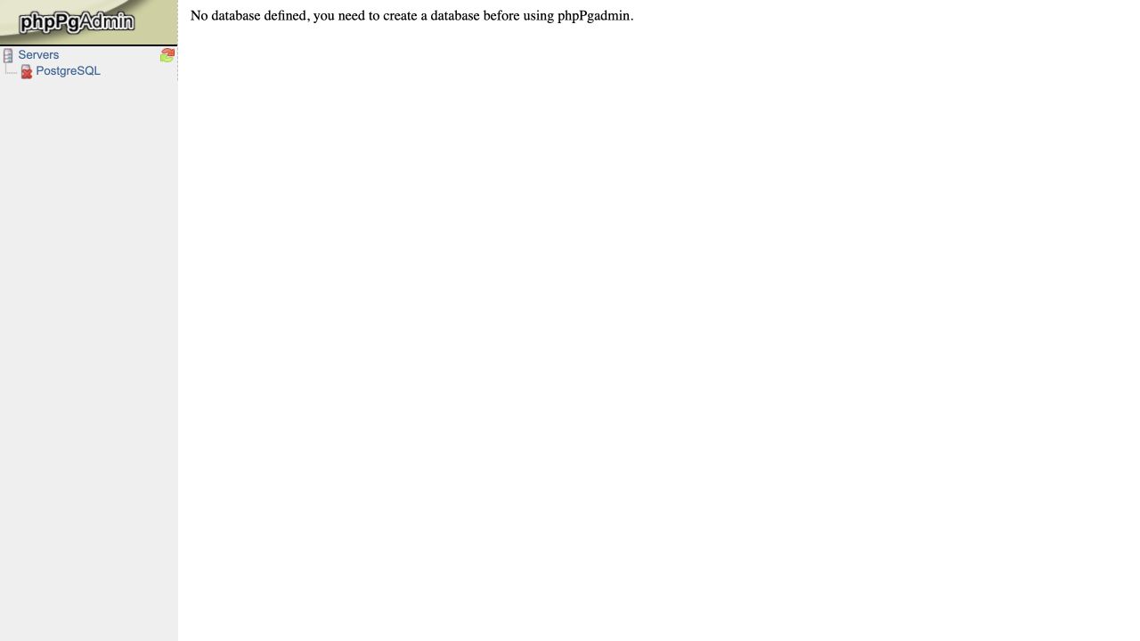 phpPgAdmin cannot manage application data until a database exists.