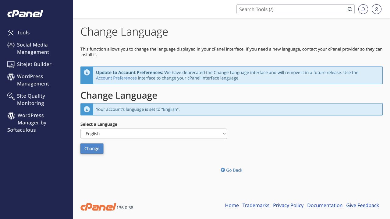 The separate language tool changes cPanel’s interface language.