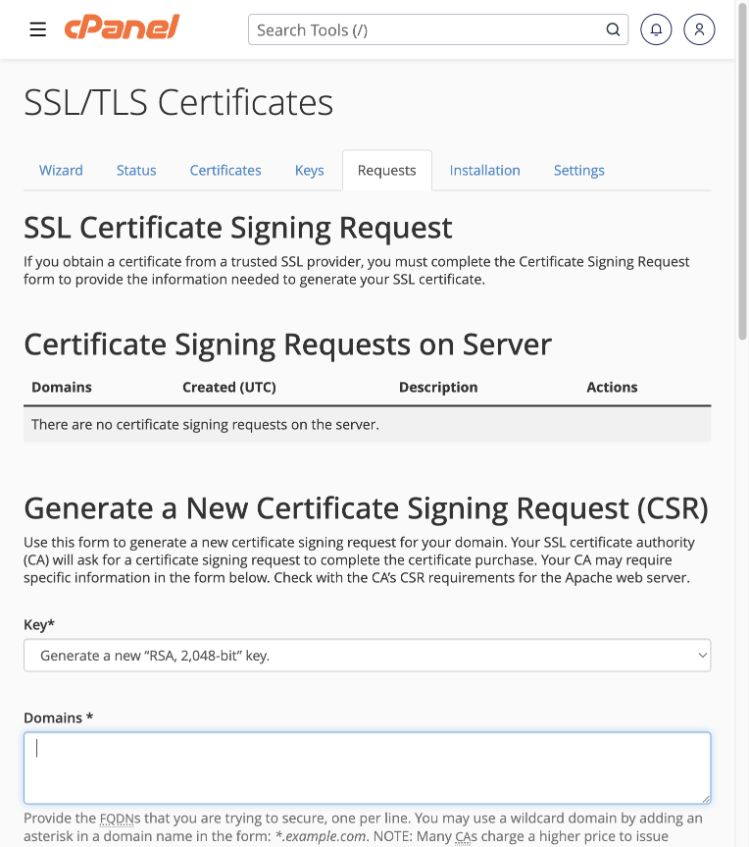 Requests contains the CSR form and domain-name fields.