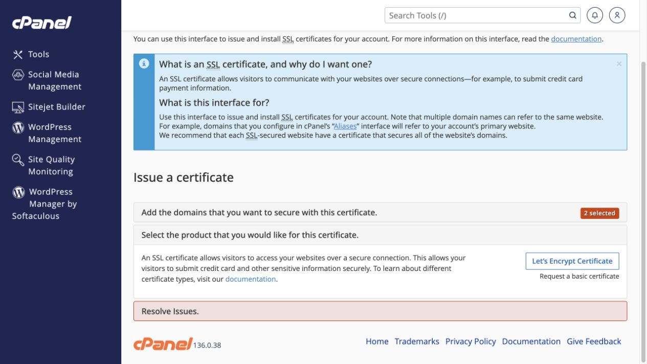 Continue reveals the Let’s Encrypt Certificate button and Resolve Issues section.