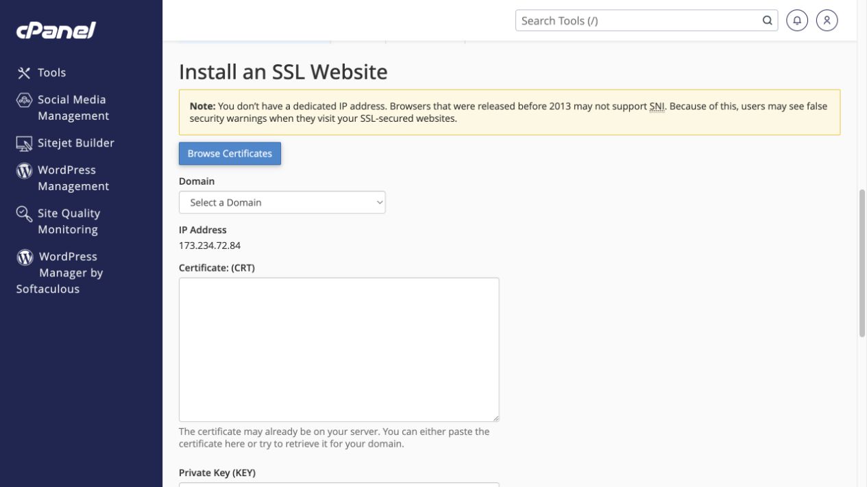 Scroll to Install an SSL Website and choose Domain before entering CRT and KEY.