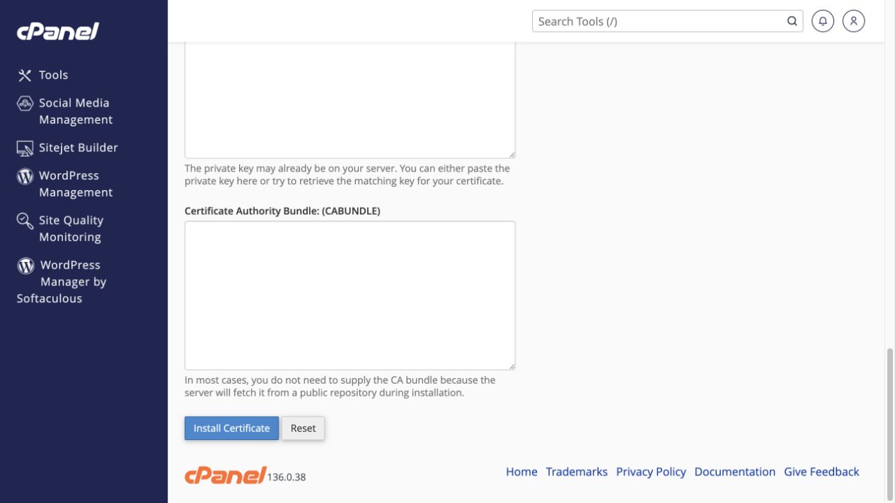 The lower form contains CABUNDLE and the final Install Certificate button.