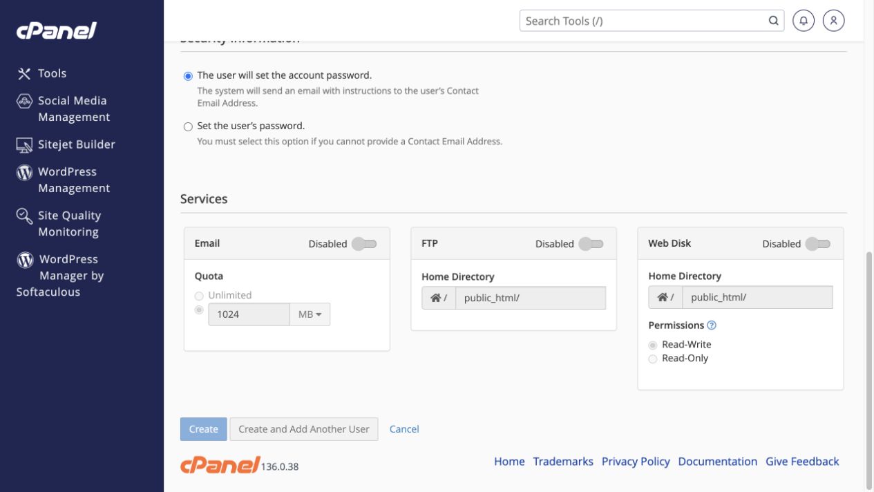 Enable only the required services, check directories and permissions, then Create.