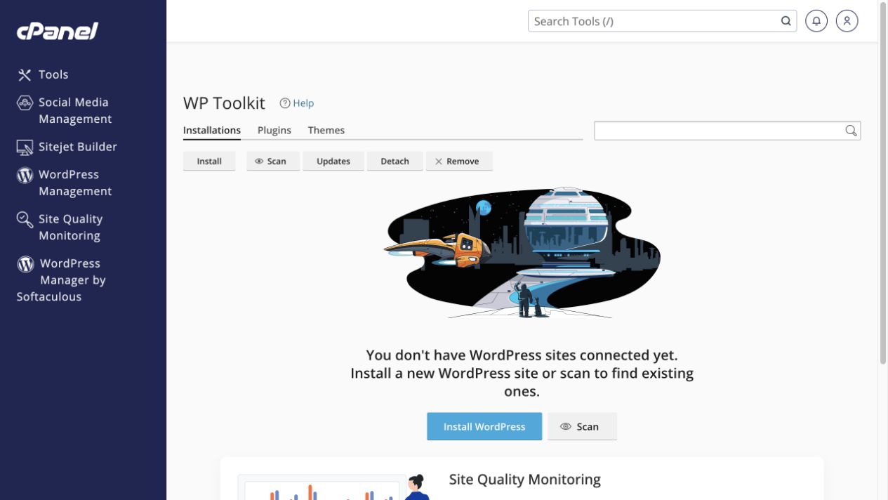 WP Toolkit starts with Install and Scan when no sites are registered.