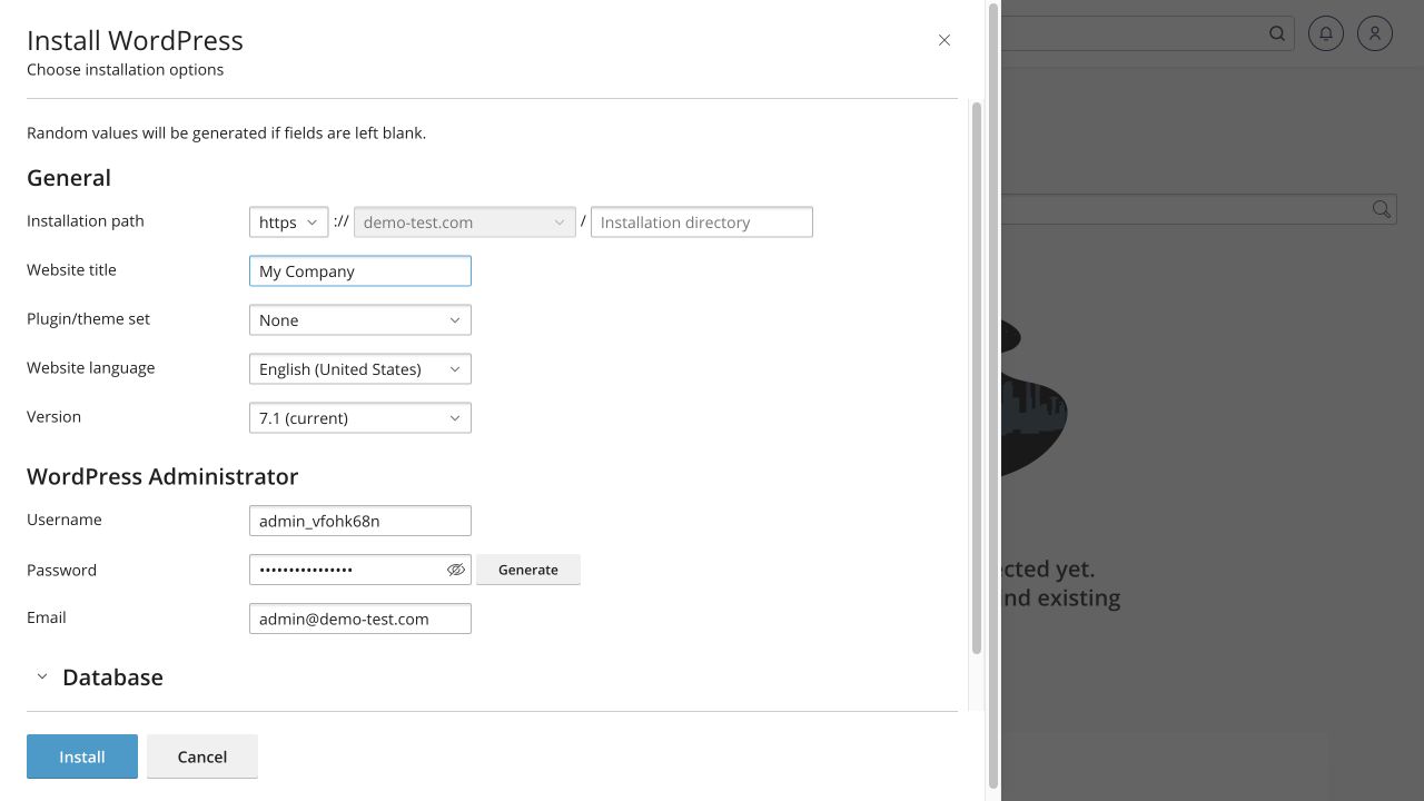 The actual installation form: confirm the domain, folder and administrator details.